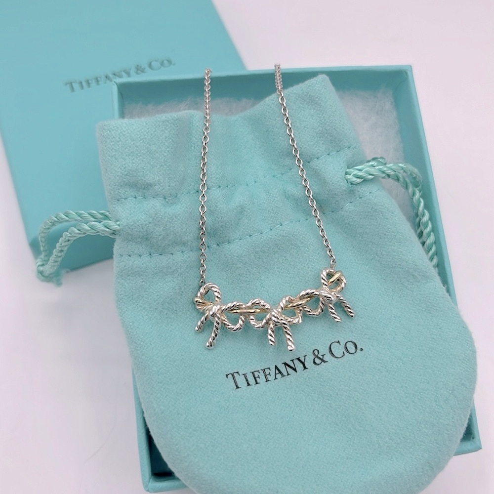 Tiffany & Co. Triple Bow Rope Necklace 18k gold 925 Sterling Silver 16” chain